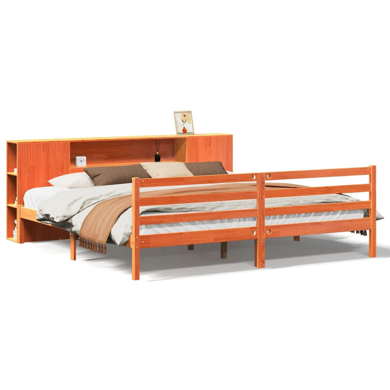 vidaXL barna tömör fenyőfa könyvespolcos ágy matrac nélkül 180 x 200cm