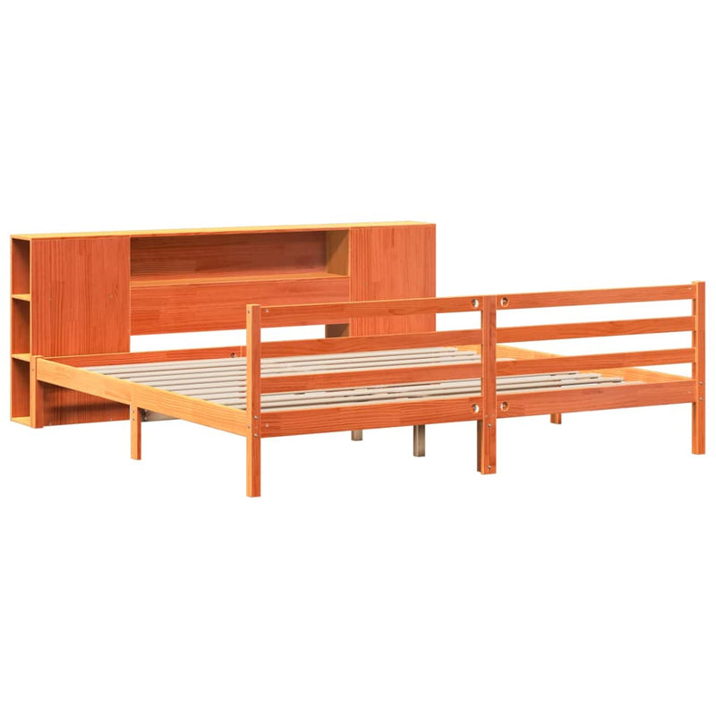 vidaXL barna tömör fenyőfa könyvespolcos ágy matrac nélkül 180 x 200cm