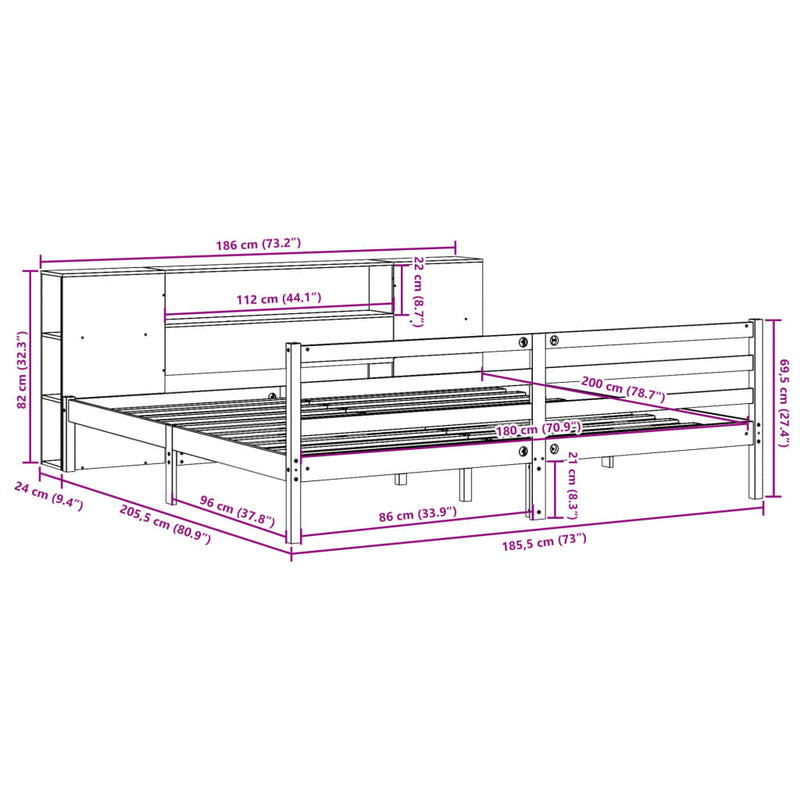 vidaXL barna tömör fenyőfa könyvespolcos ágy matrac nélkül 180 x 200cm