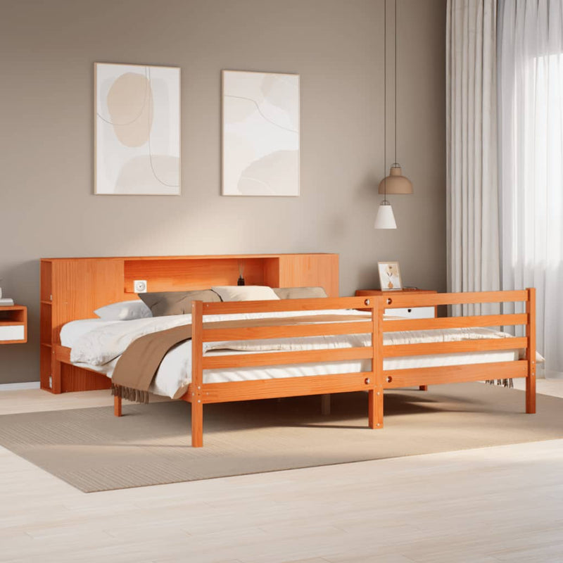 vidaXL barna tömör fenyőfa könyvespolcos ágy matrac nélkül 180 x 200cm