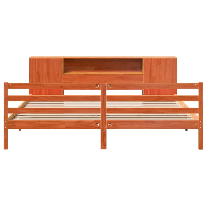 vidaXL barna tömör fenyőfa könyvespolcos ágy matrac nélkül 200 x 200cm