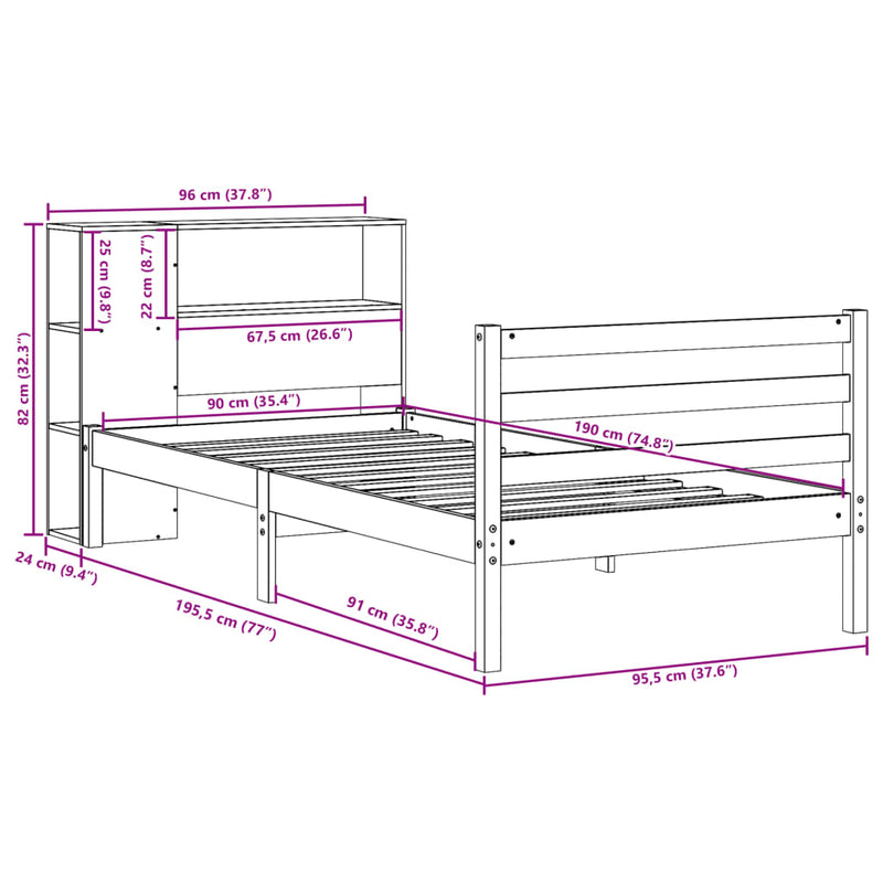 vidaXL tömör fenyőfa könyvespolcos ágy matrac nélkül 90 x 190 cm
