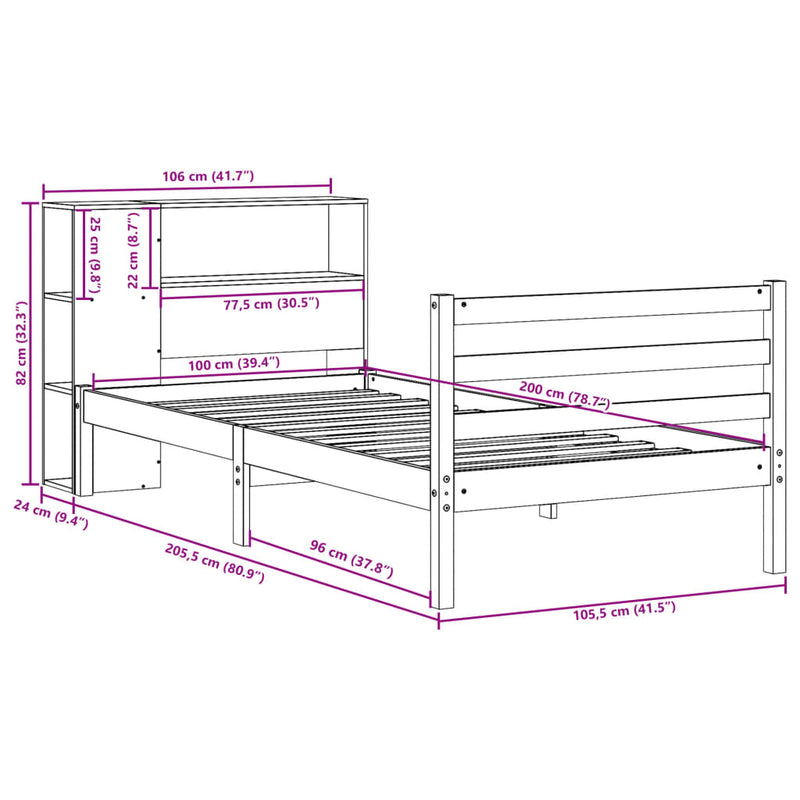 vidaXL fehér tömör fenyőfa könyvespolcos ágy matrac nélkül 100x200 cm