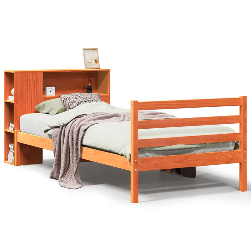 vidaXL viaszbarna tömör fa könyvespolcos ágy matrac nélkül 75 x 190 cm