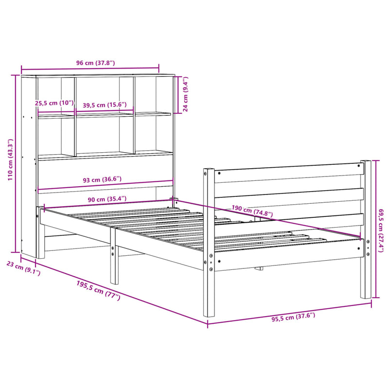vidaXL fehér tömör fenyőfa könyvespolcos ágy matrac nélkül 90 x 190 cm