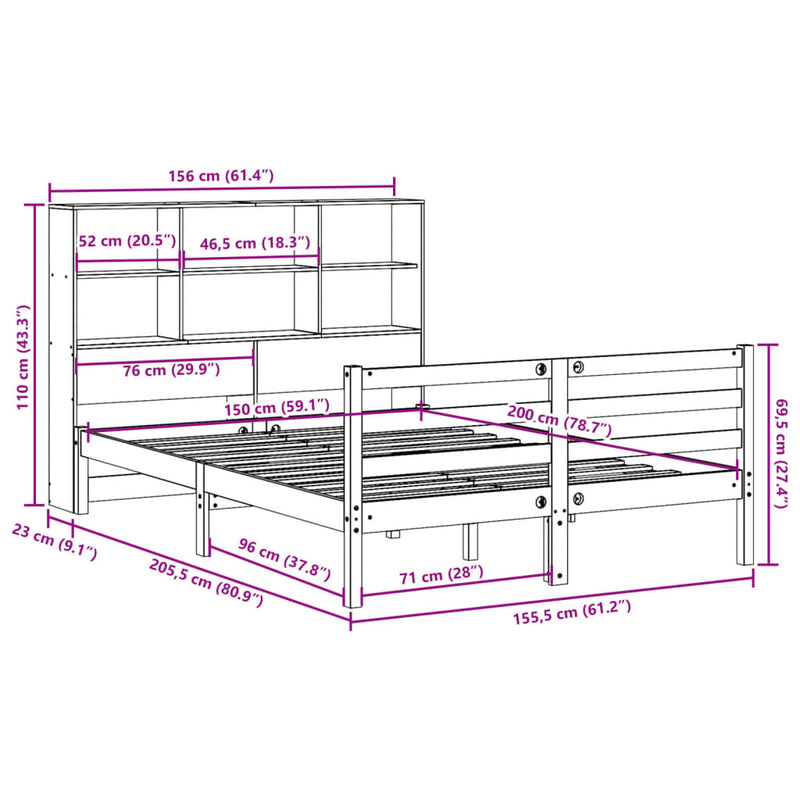 vidaXL tömör fenyőfa könyvespolcos ágy matrac nélkül 150 x 200 cm
