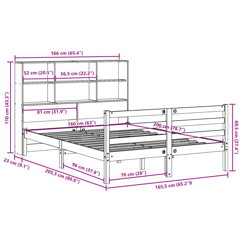 vidaXL tömör fenyőfa könyvespolcos ágy matrac nélkül 160 x 200 cm