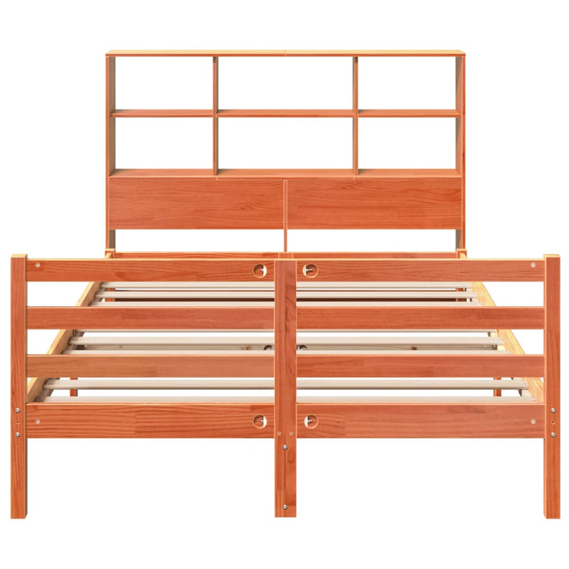 vidaXL viaszbarna tömör fa könyvespolcos ágy matrac nélkül 120 x 200cm