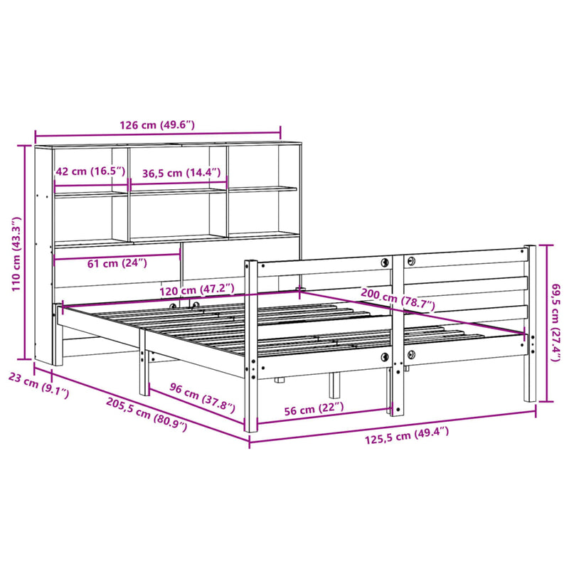 vidaXL viaszbarna tömör fa könyvespolcos ágy matrac nélkül 120 x 200cm