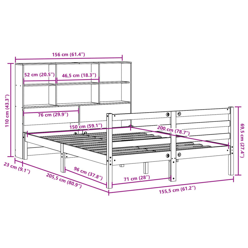 vidaXL viaszbarna tömör fa könyvespolcos ágy matrac nélkül 150 x 200cm