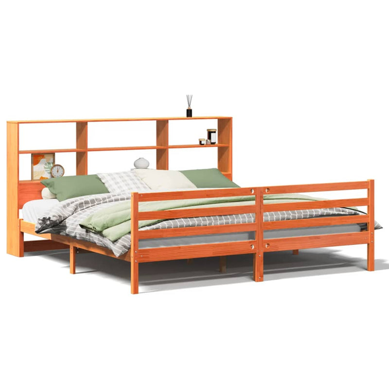 vidaXL viaszbarna tömör fa könyvespolcos ágy matrac nélkül 180 x 200cm