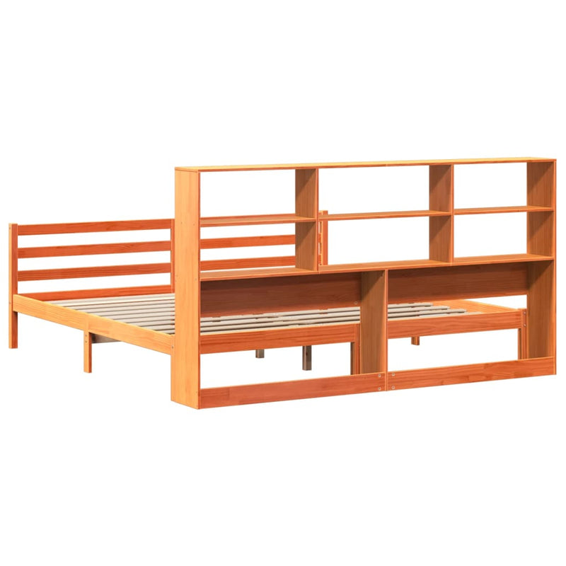 vidaXL viaszbarna tömör fa könyvespolcos ágy matrac nélkül 180 x 200cm