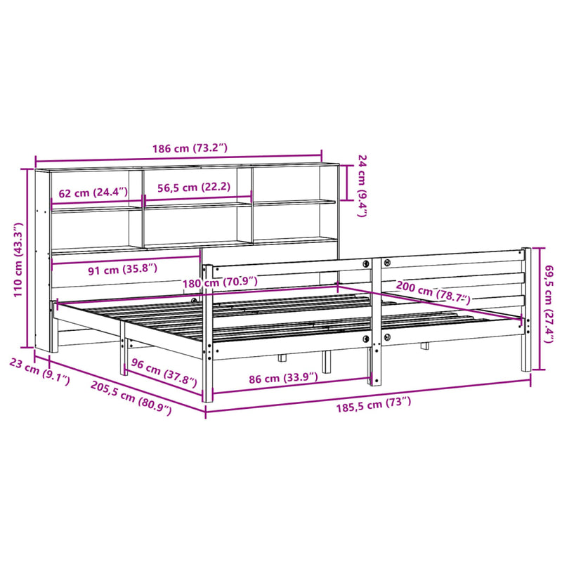 vidaXL viaszbarna tömör fa könyvespolcos ágy matrac nélkül 180 x 200cm