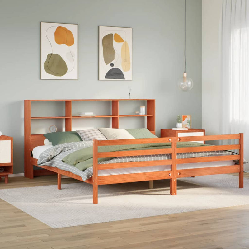vidaXL viaszbarna tömör fa könyvespolcos ágy matrac nélkül 180 x 200cm