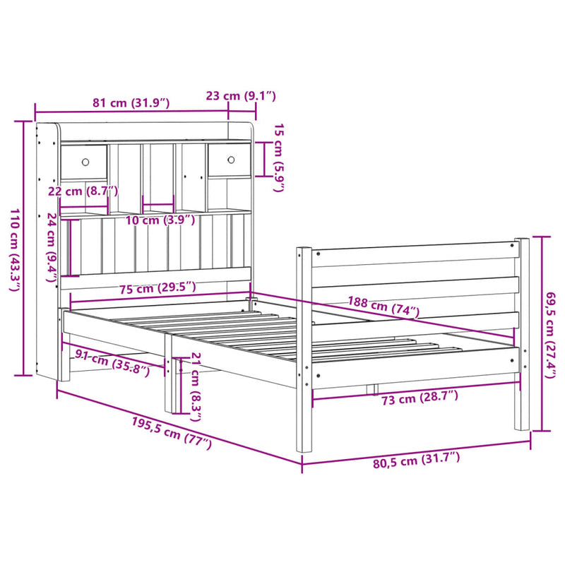 vidaXL fehér tömör fenyőfa könyvespolcos ágy matrac nélkül 75 x 190 cm