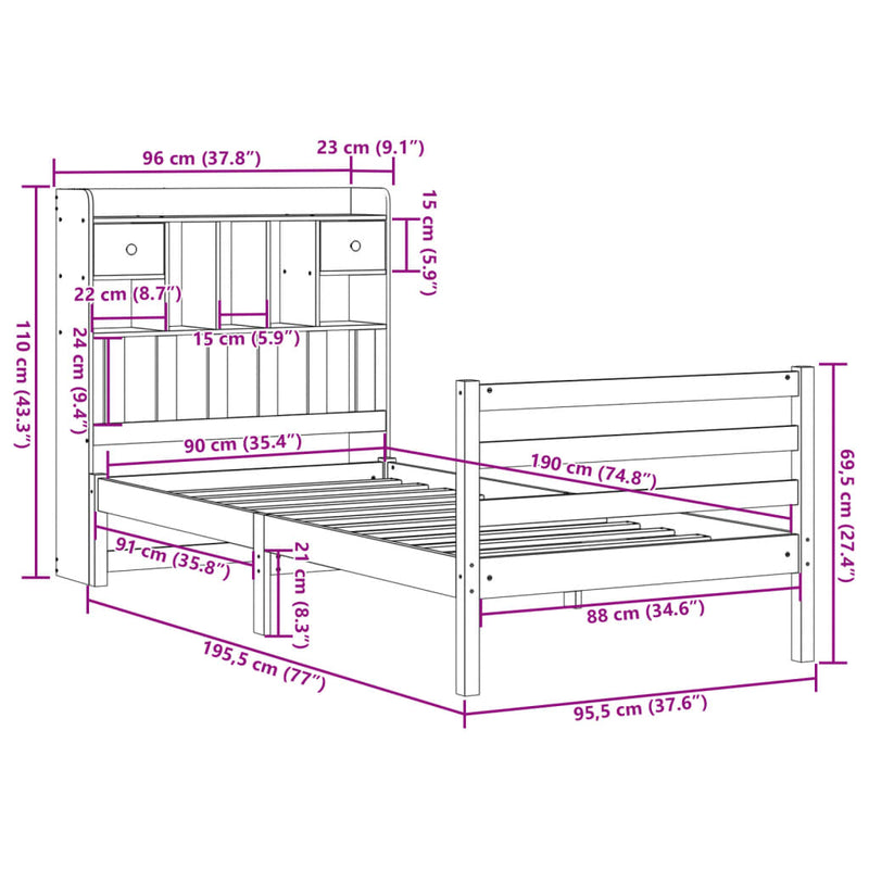 vidaXL tömör fenyőfa könyvespolcos ágy matrac nélkül 90 x 190 cm