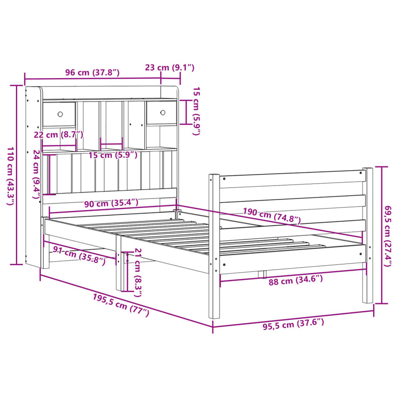 vidaXL fehér tömör fenyőfa könyvespolcos ágy matrac nélkül 90 x 190 cm
