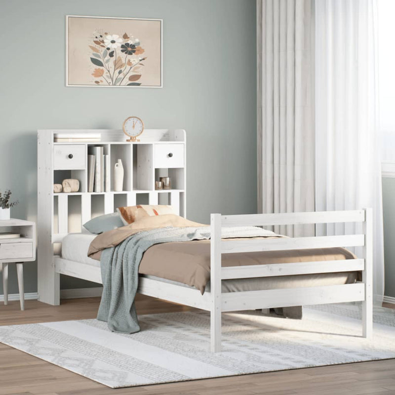 vidaXL fehér tömör fenyőfa könyvespolcos ágy matrac nélkül 90 x 190 cm