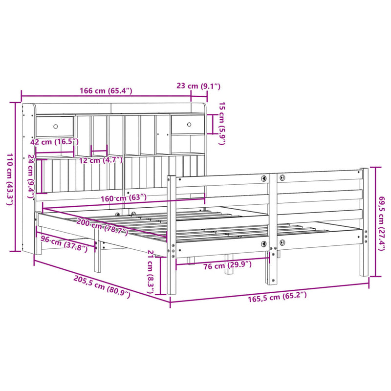 vidaXL tömör fenyőfa könyvespolcos ágy matrac nélkül 160 x 200 cm