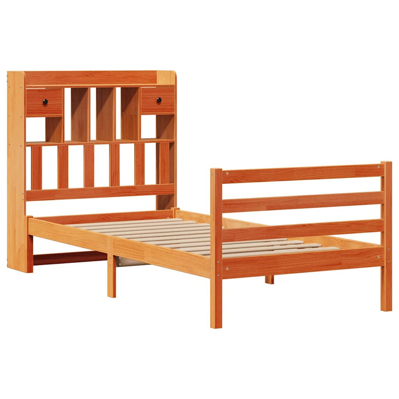 vidaXL barna tömör fenyőfa könyvespolcos ágy matrac nélkül 75 x 190 cm