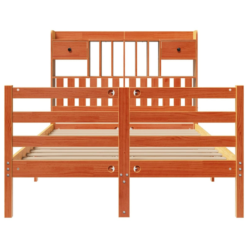 vidaXL barna tömör fenyőfa könyvespolcos ágy matrac nélkül 135 x 190cm