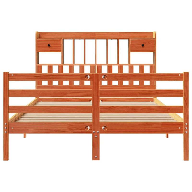 vidaXL barna tömör fenyőfa könyvespolcos ágy matrac nélkül 140 x 190cm