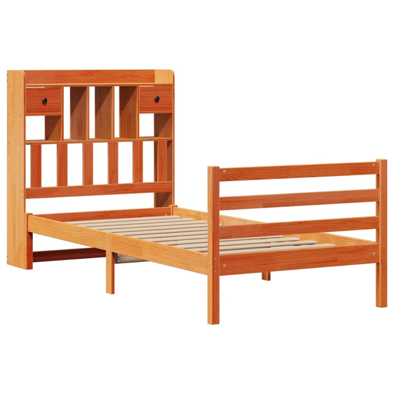 vidaXL barna tömör fenyőfa könyvespolcos ágy matrac nélkül 100 x 200cm