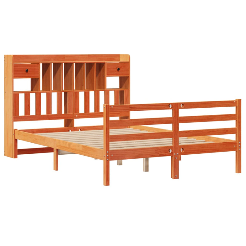 vidaXL barna tömör fenyőfa könyvespolcos ágy matrac nélkül 160 x 200cm