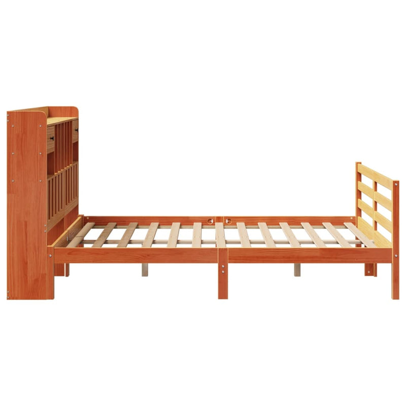 vidaXL barna tömör fenyőfa könyvespolcos ágy matrac nélkül 160 x 200cm