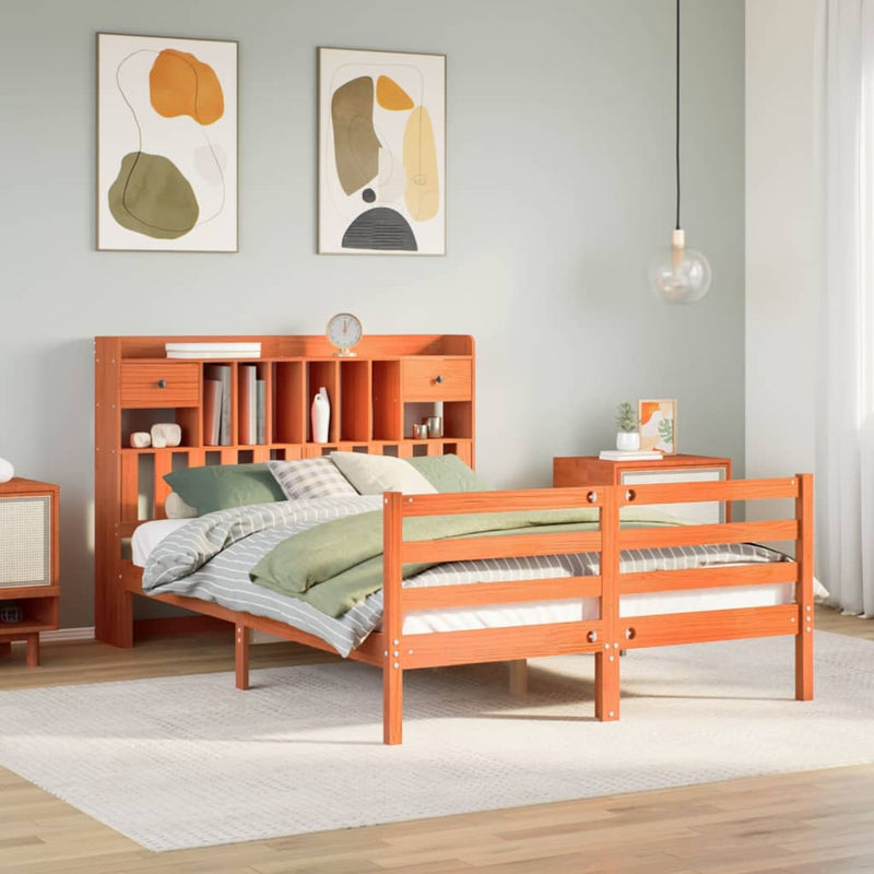 vidaXL barna tömör fenyőfa könyvespolcos ágy matrac nélkül 160 x 200cm
