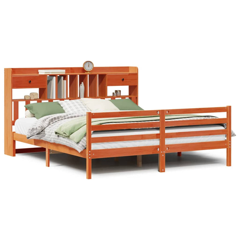 vidaXL barna tömör fenyőfa könyvespolcos ágy matrac nélkül 180 x 200cm
