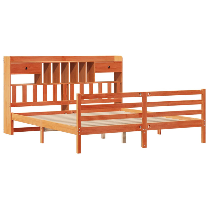 vidaXL barna tömör fenyőfa könyvespolcos ágy matrac nélkül 180 x 200cm