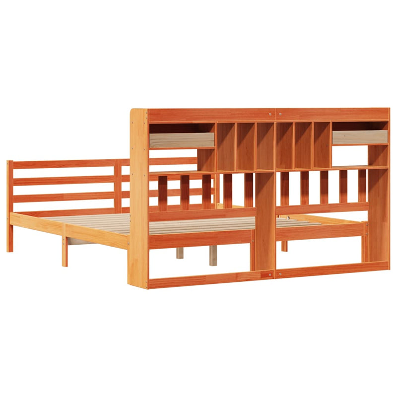 vidaXL barna tömör fenyőfa könyvespolcos ágy matrac nélkül 180 x 200cm
