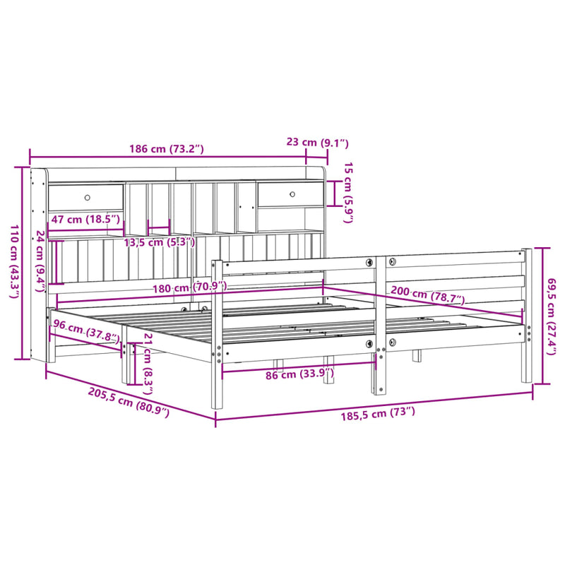 vidaXL barna tömör fenyőfa könyvespolcos ágy matrac nélkül 180 x 200cm