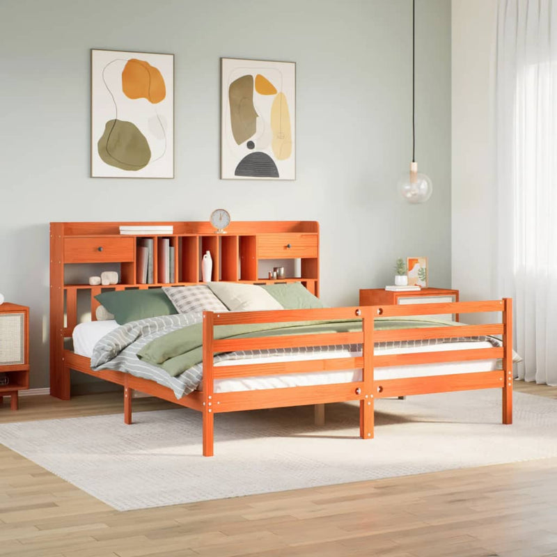 vidaXL barna tömör fenyőfa könyvespolcos ágy matrac nélkül 180 x 200cm