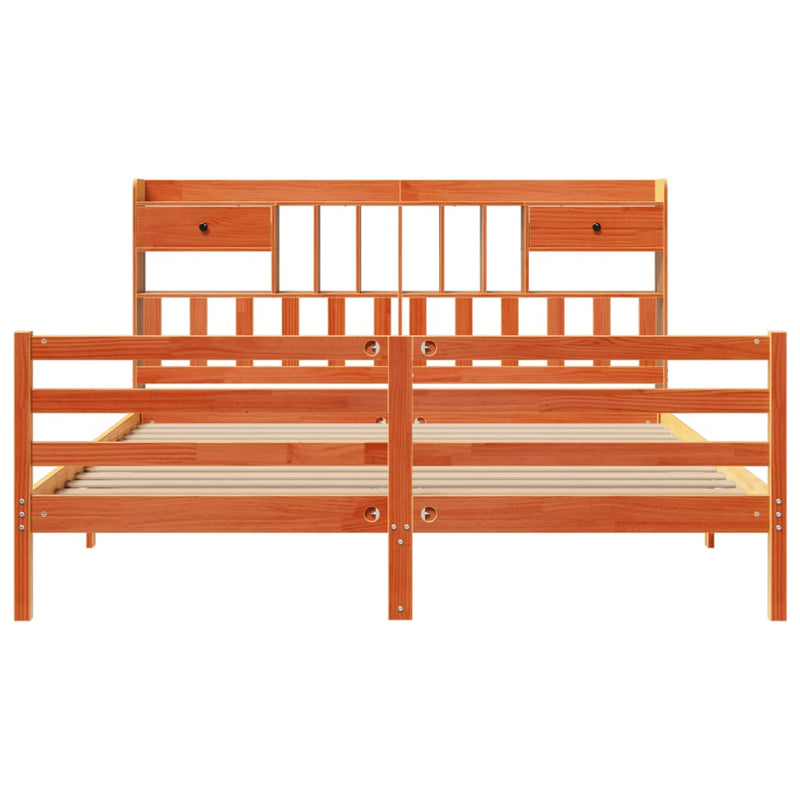 vidaXL barna tömör fenyőfa könyvespolcos ágy matrac nélkül 200 x 200cm