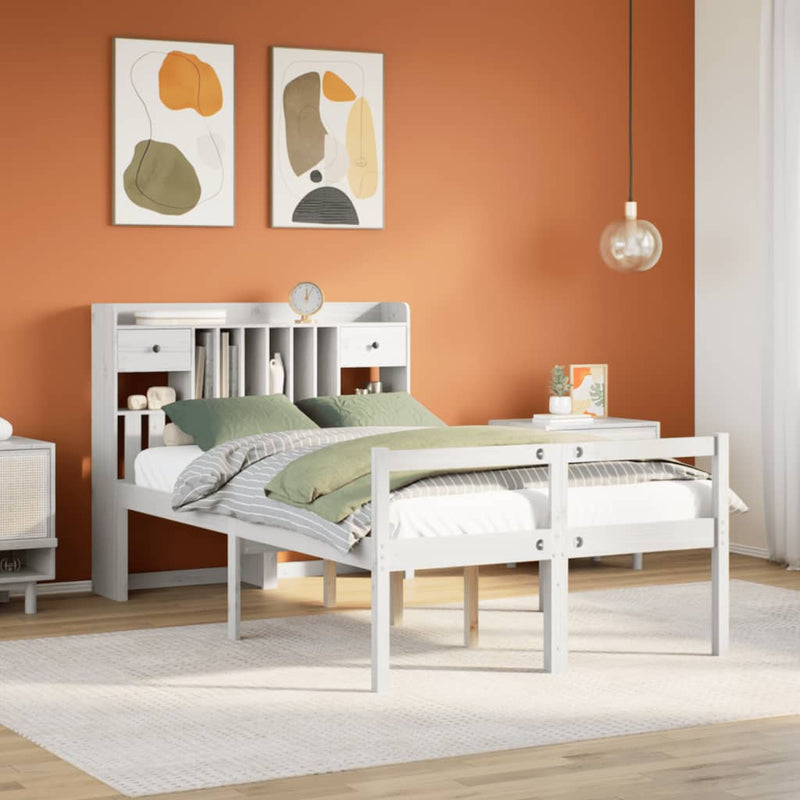 vidaXL fehér tömör fenyőfa könyvespolcos ágy matrac nélkül 135x190 cm