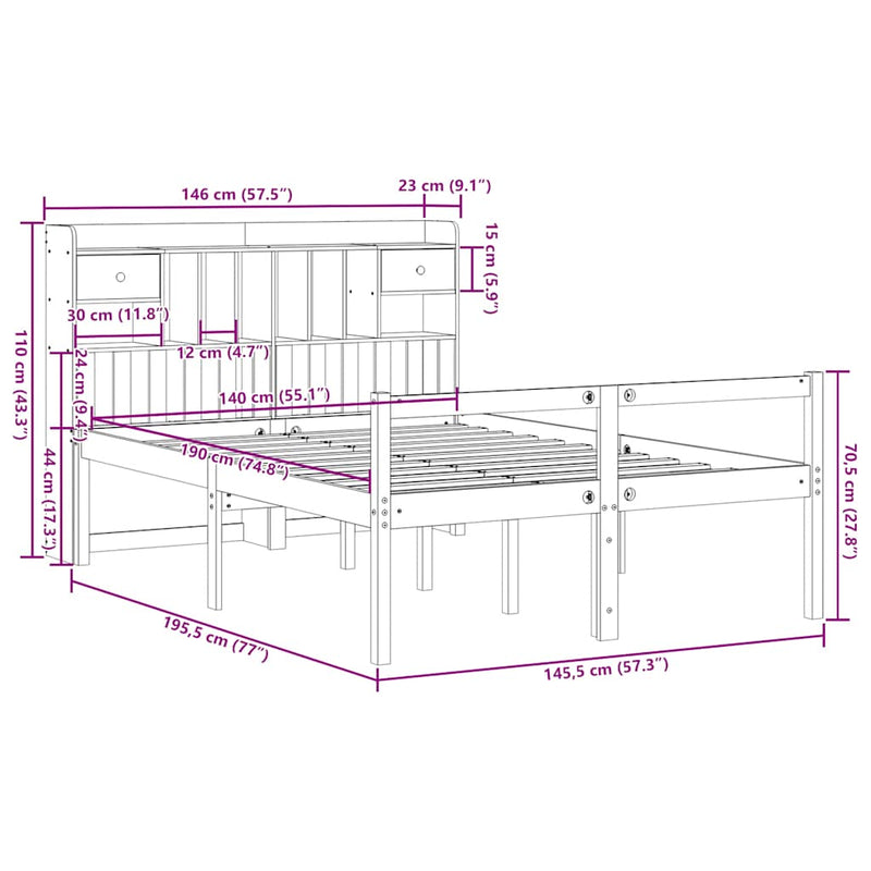 vidaXL tömör fenyőfa könyvespolcos ágy matrac nélkül 140 x 190 cm