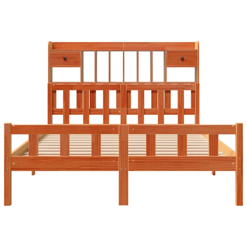 vidaXL barna tömör fenyőfa könyvespolcos ágy matrac nélkül 150 x 200cm