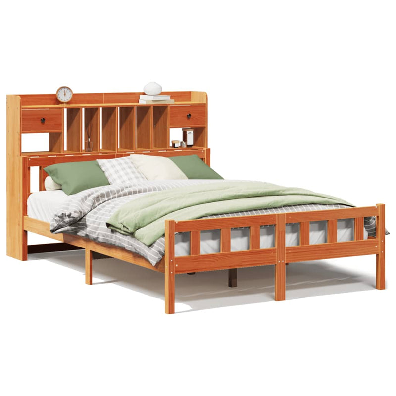 vidaXL barna tömör fenyőfa könyvespolcos ágy matrac nélkül 160 x 200cm