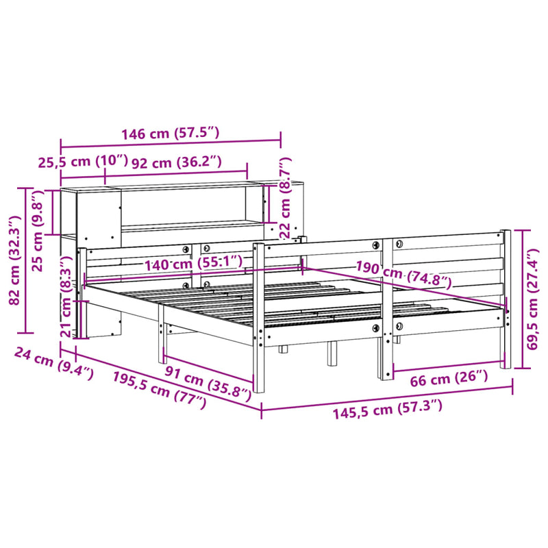 vidaXL tömör fenyőfa könyvespolcos ágy matrac nélkül 140 x 190 cm