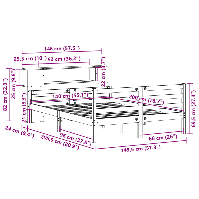 vidaXL tömör fenyőfa könyvespolcos ágy matrac nélkül 140 x 200 cm
