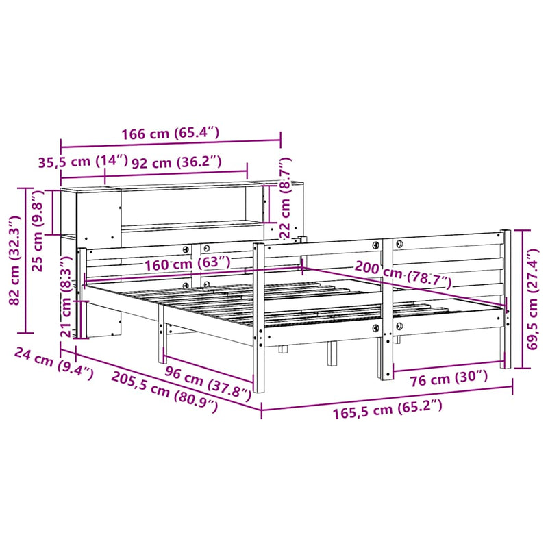 vidaXL tömör fenyőfa könyvespolcos ágy matrac nélkül 160 x 200 cm