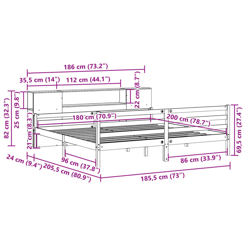 vidaXL fehér tömör fenyőfa könyvespolcos ágy matrac nélkül 180x200 cm