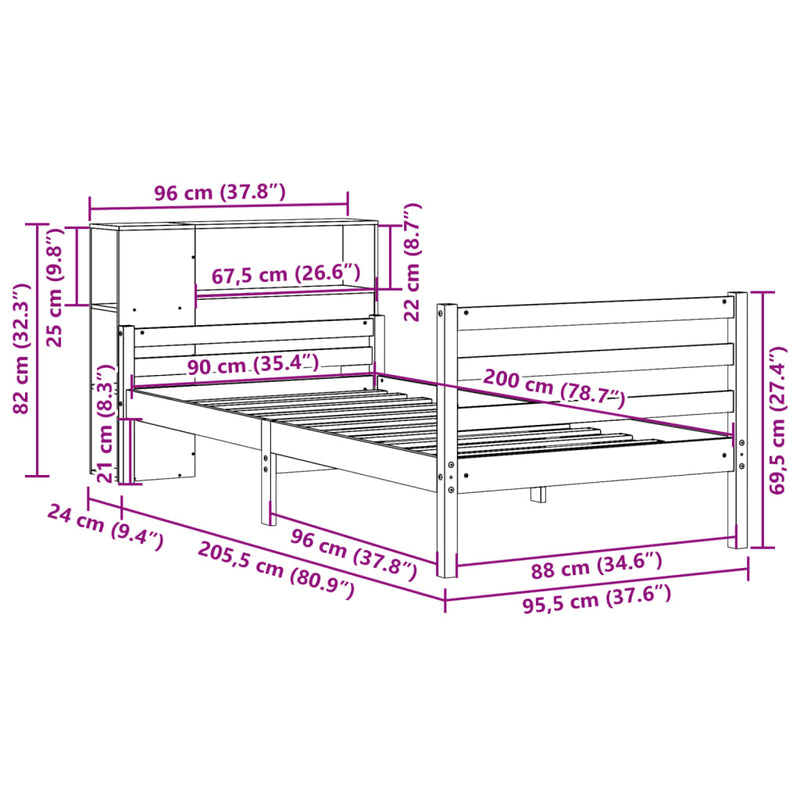 vidaXL tömör fenyőfa könyvespolcos ágy matrac nélkül 90 x 200 cm