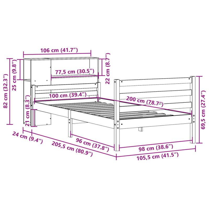 vidaXL fehér tömör fenyőfa könyvespolcos ágy matrac nélkül 100x200 cm