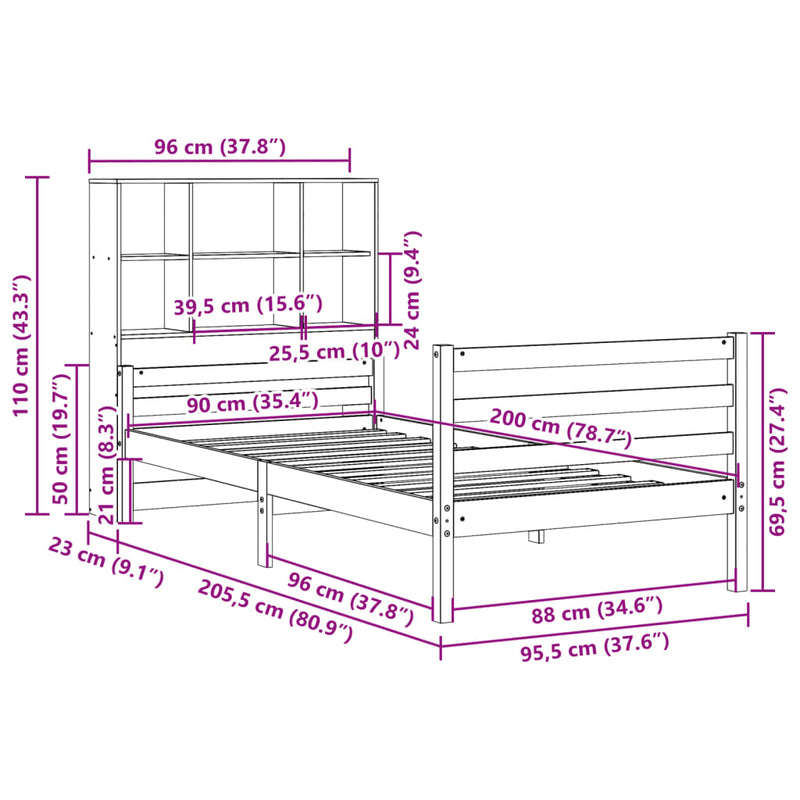 vidaXL tömör fenyőfa könyvespolcos ágy matrac nélkül 90 x 200 cm
