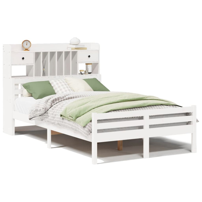 vidaXL fehér tömör fenyőfa könyvespolcos ágy matrac nélkül 135x190 cm