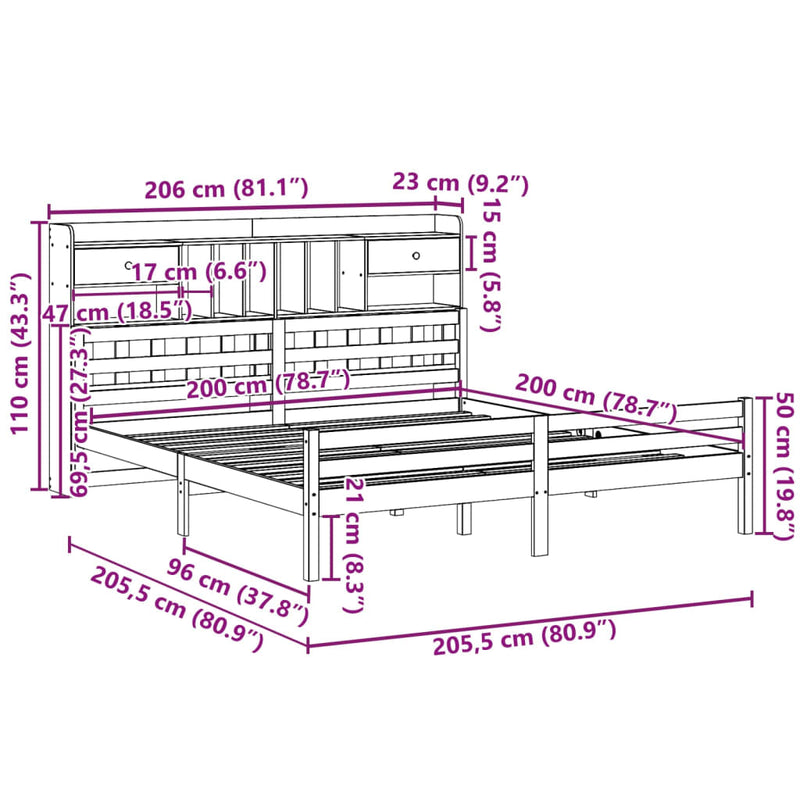 vidaXL fehér tömör fenyőfa könyvespolcos ágy matrac nélkül 200x200 cm
