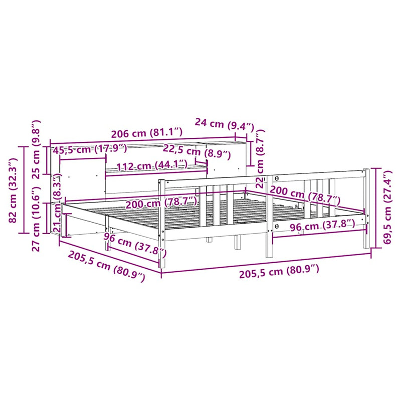 vidaXL tömör fenyőfa könyvespolcos ágy matrac nélkül 200 x 200 cm
